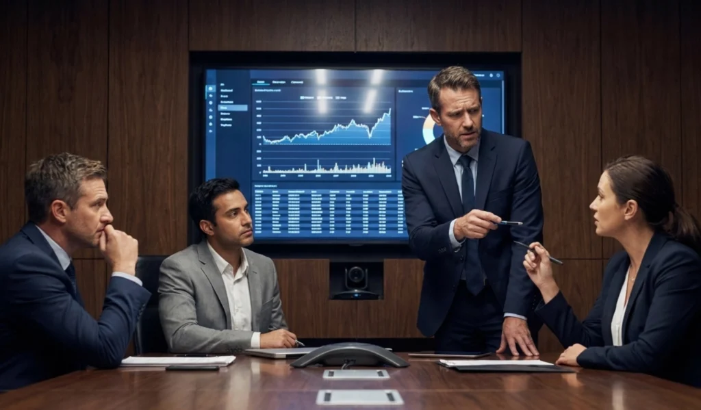Boardroom leaders reviewing data dashboards while questioning strategic decisions
