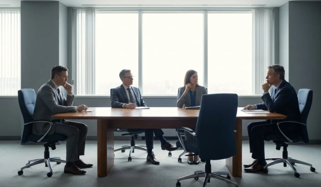 Quiet leadership transition reflected by an empty chair in a corporate boardroom
