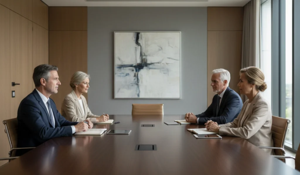 Senior executives seated in a modern boardroom during a quiet strategic discussion