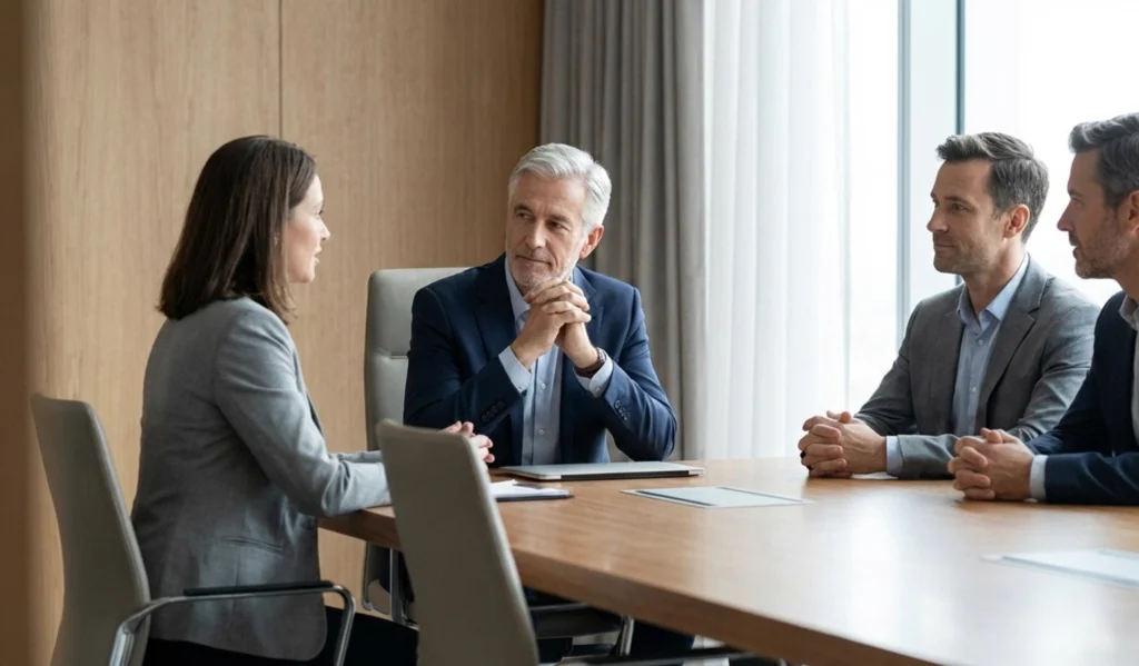 Senior leaders demonstrating authority through presence and restraint in a boardroom discussion