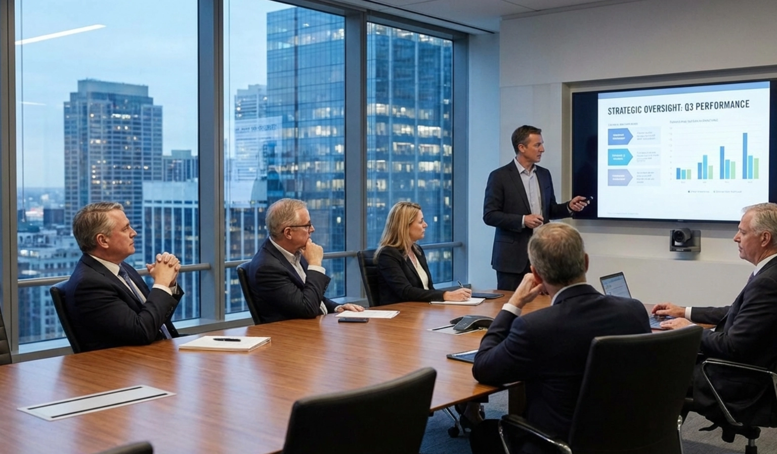 Corporate boardroom illustrating the balance between board oversight and executive management