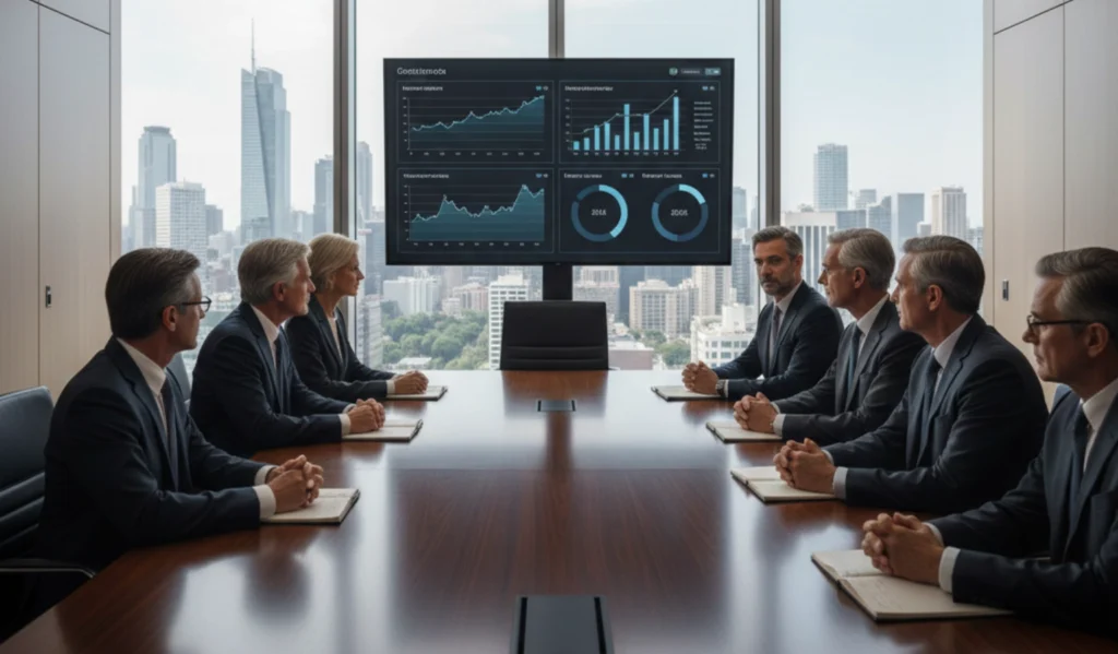 Corporate board discussing steady performance results without challenging strategic assumptions