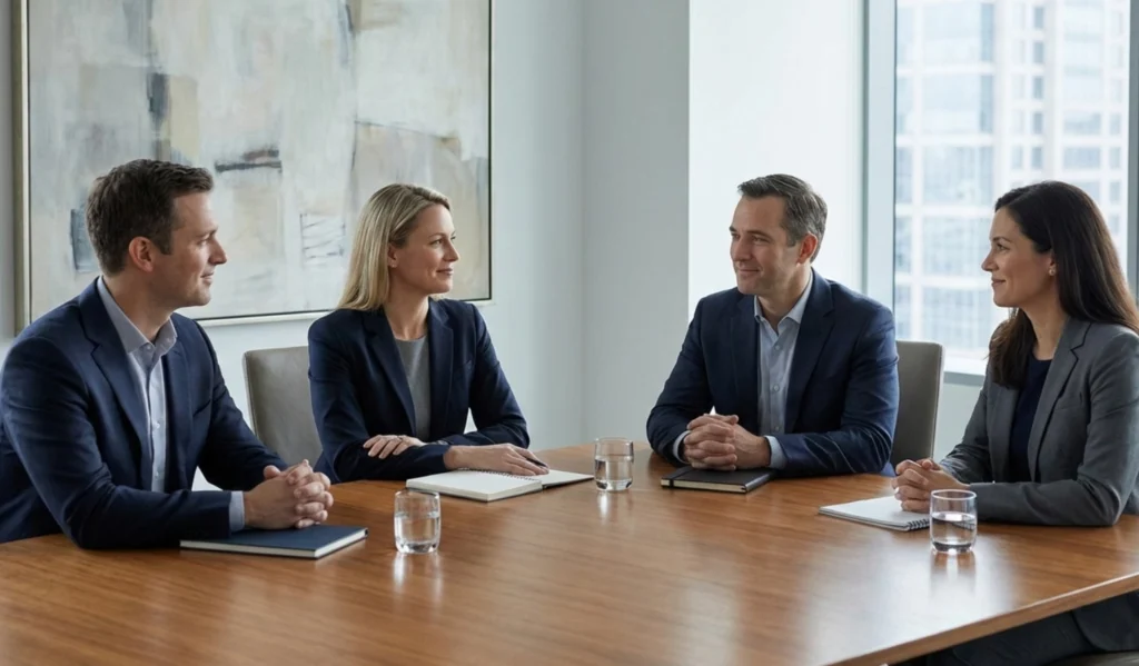 Senior executives seated in a boardroom during a consensus-driven decision-making discussion