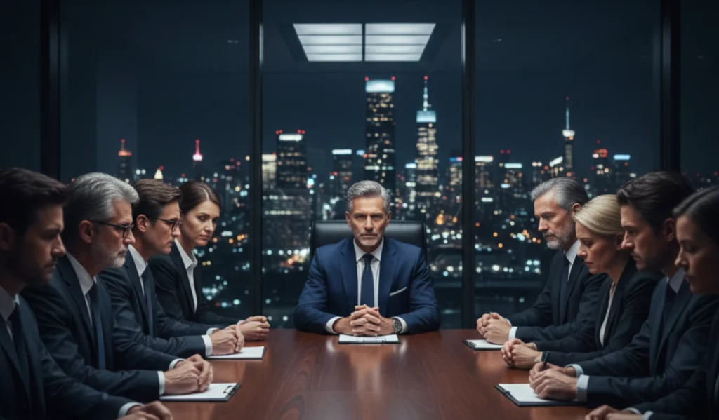 CXO leading a boardroom discussion while managing board expectations with confidence and authority