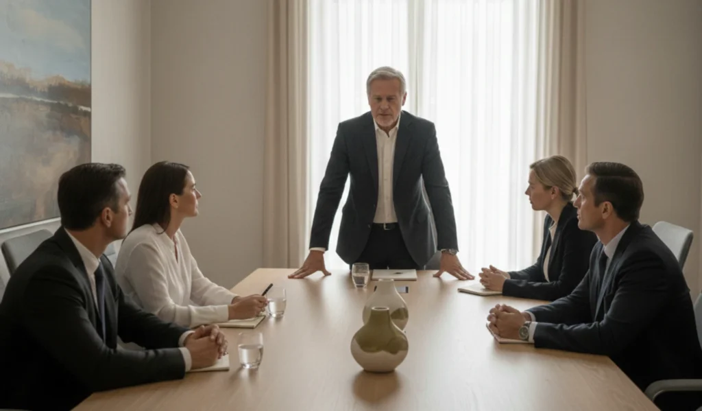 Executive transition meeting where authority precedes trust in the boardroom