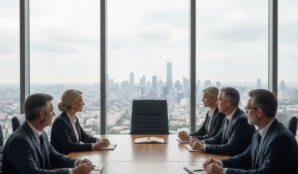 Board members observing leadership transition during executive change and strategic handover.