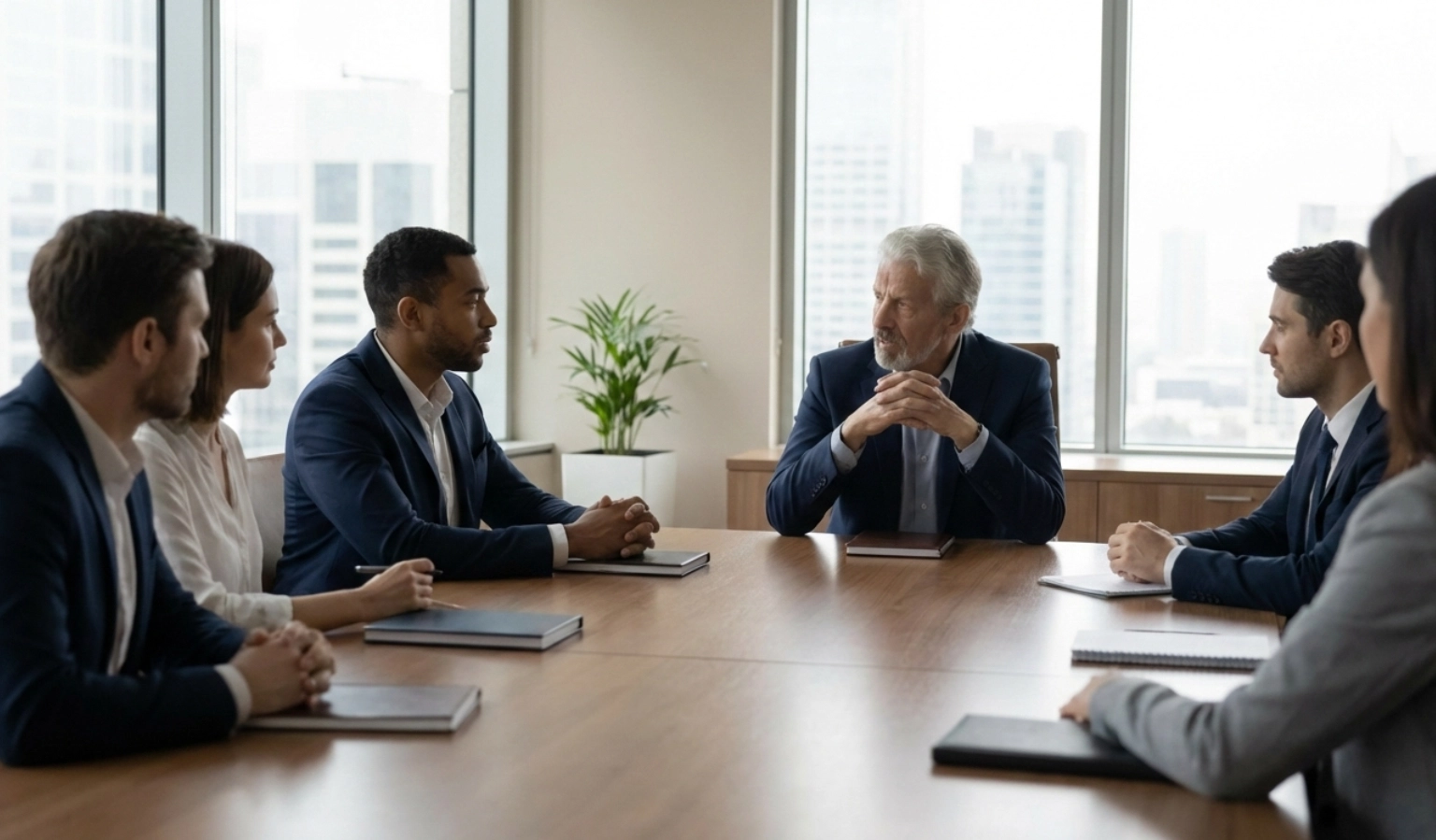Senior leader listening quietly during an executive discussion, showing restraint, focus, and leadership presence