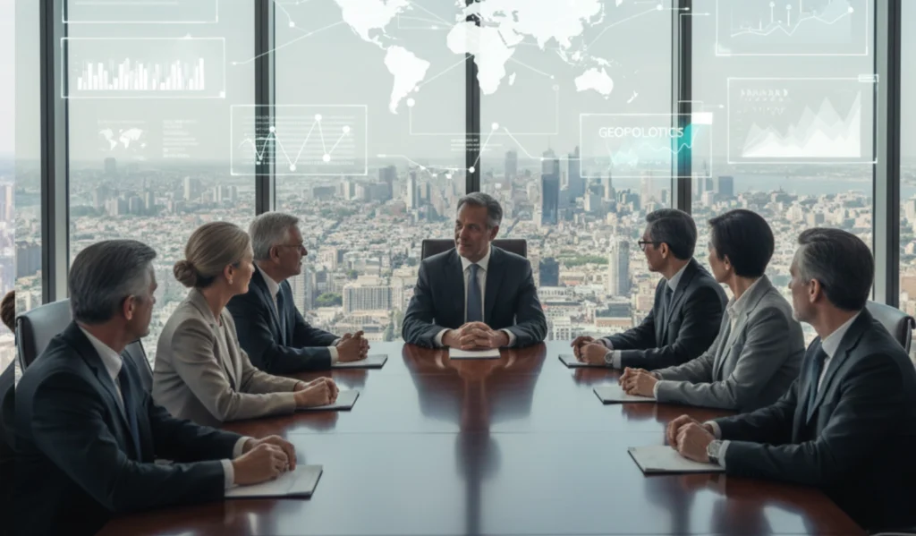 Boardroom discussion on how global economic and industry trends are interpreted within local market contexts