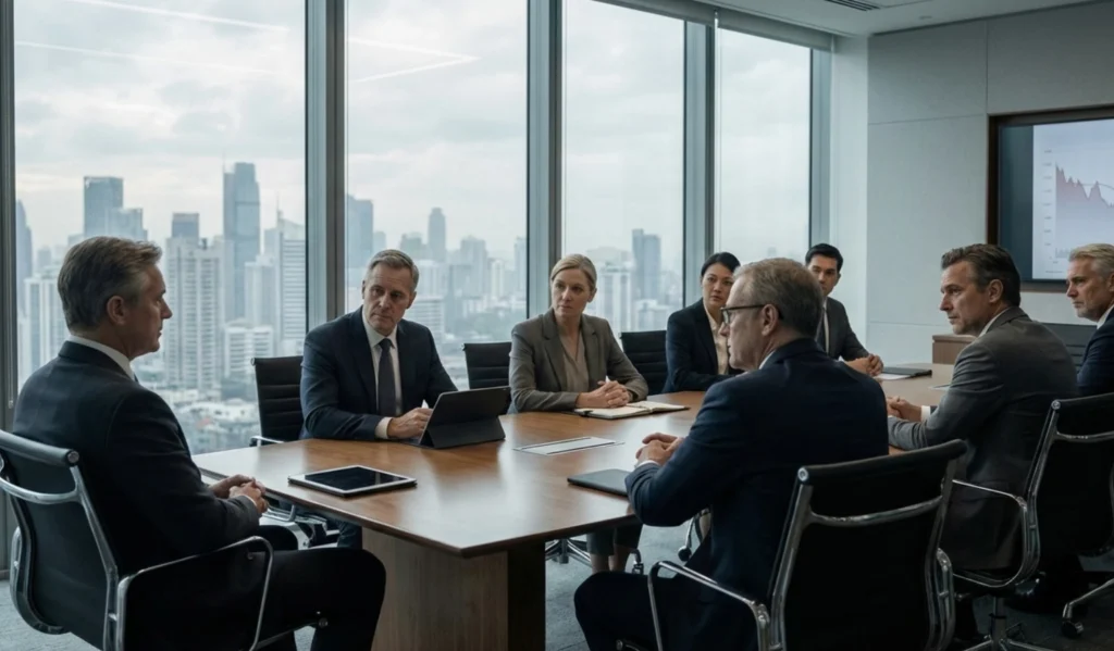 Boardroom discussion reflecting how industry cycles influence executive decision-making