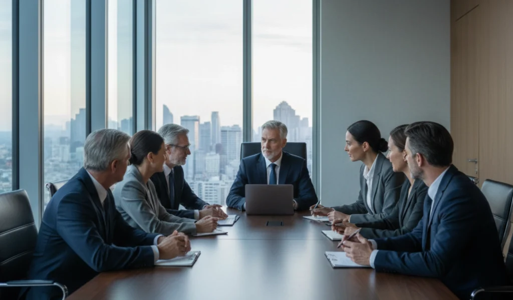Senior executives in a boardroom where informal influence shapes decisions beyond formal authority