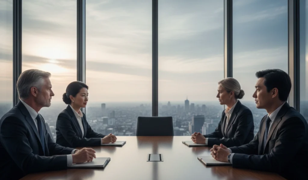 Boardroom leaders quietly observing before forming opinions during a strategic discussion