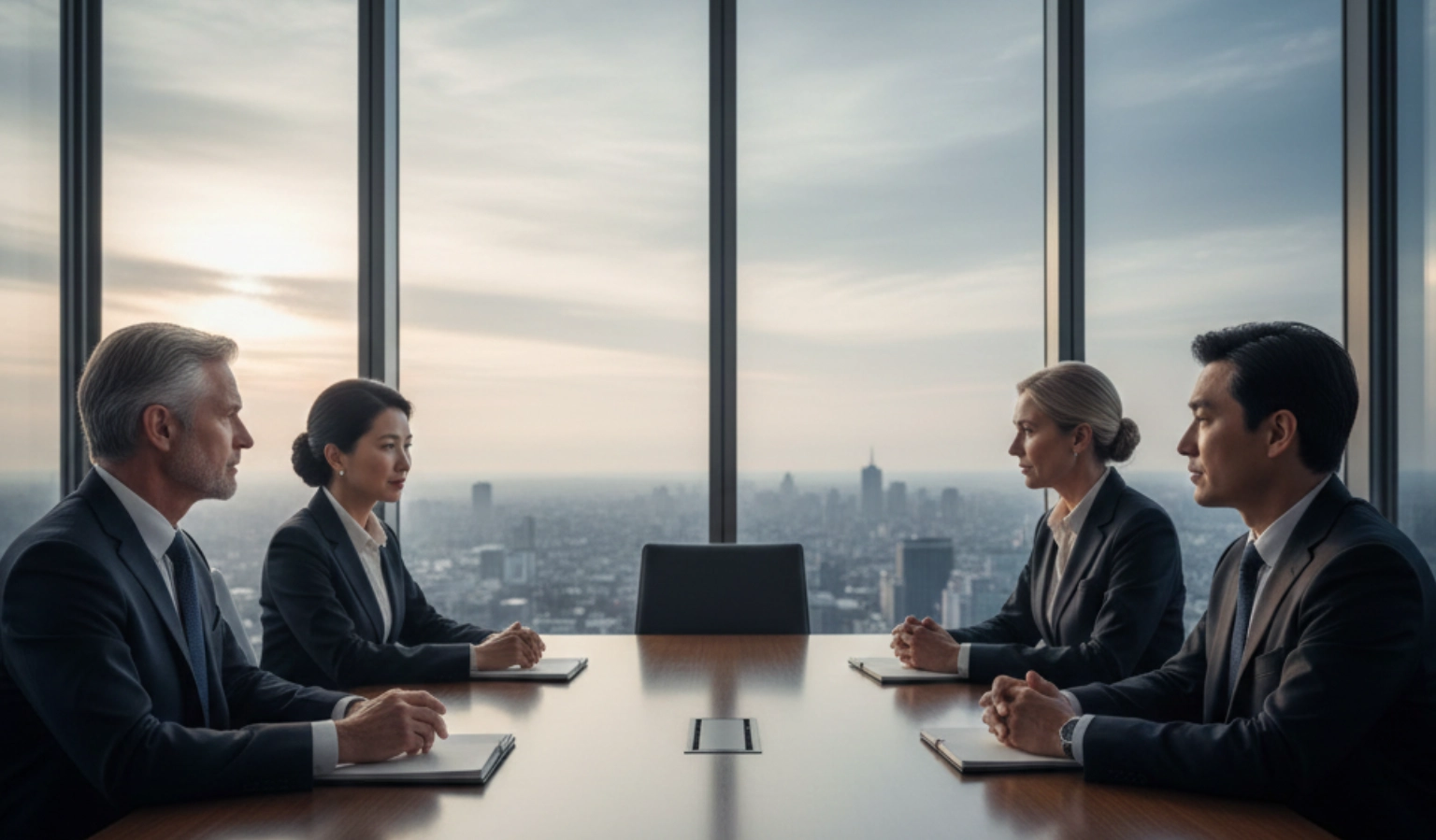 Boardroom leaders quietly observing before forming opinions during a strategic discussion