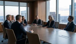 Boardroom discussion highlighting quiet leadership and thoughtful decision-making