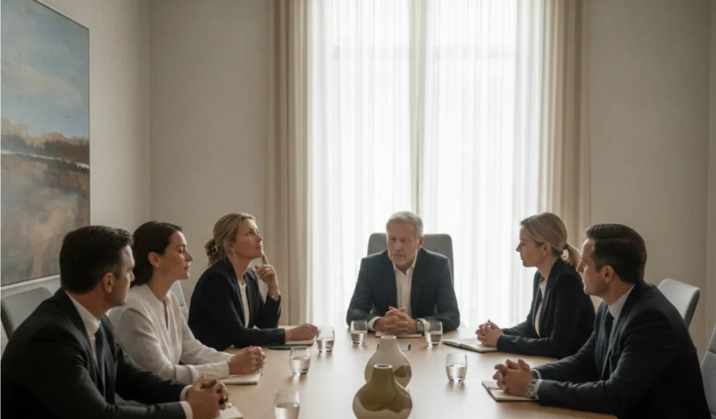 Senior executives sitting silently in a boardroom during a decision-making discussion