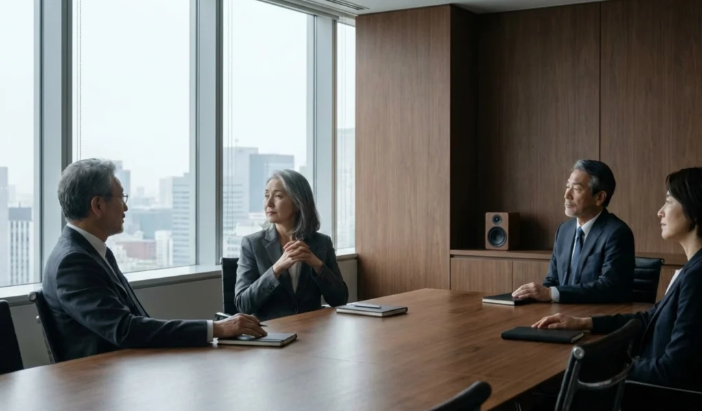 Senior executives seated in a calm boardroom, reflecting quietly during a governance discussion