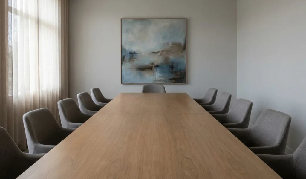 Boardroom table with empty chairs representing consensus and decision-making risk