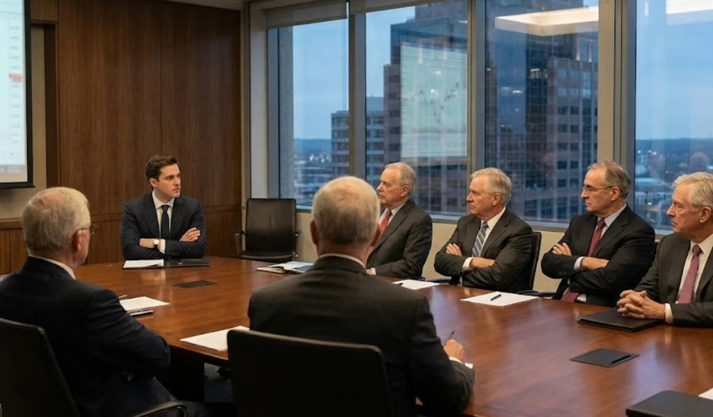 Newly appointed CXO presenting to board members in a formal executive boardroom setting