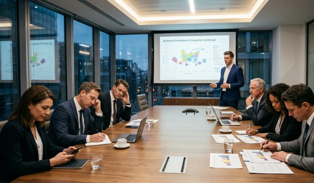 Consultant presenting insights to executives with mixed engagement in a boardroom setting
