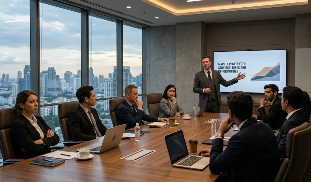 Consultant presenting to silent board members during a strategic meeting in a corporate boardroom