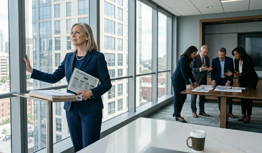 Senior executive analysing strategy while team discusses in a modern boardroom