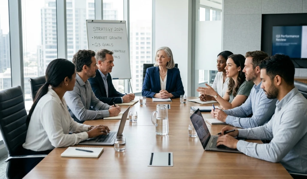 Senior leader listening quietly while team shares ideas in a corporate meeting