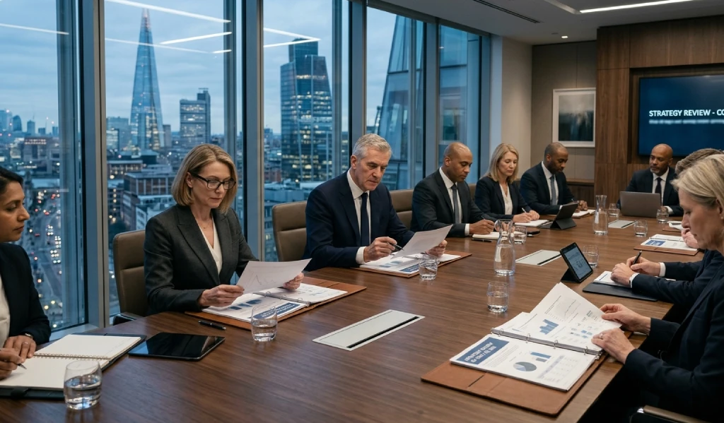 Senior executives discussing long-term strategy reflecting continuity and stability in leadership decisions